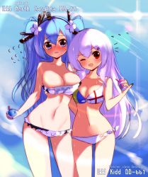 Rule 34 | 2girls, ;d, bad id, bad pixiv id, bikini, blue eyes, blue hair, blush, breasts, character name, flower, flying sweatdrops, food, hair flower, hair ornament, highres, ice cream, large breasts, light purple hair, long hair, looking at viewer, multiple girls, one eye closed, open mouth, original, raised eyebrow, red eyes, smile, sweatdrop, swimsuit, tandozzing, two side up, uss kidd (dd-661), uss north carolina (bb-55), very long hair, warship girls r