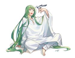 Rule 34 | 1boy, :d, amg (nwmnmllf), androgynous, arm support, barefoot, bird, bird on hand, commentary request, enkidu (fate), fate/grand order, fate/strange fake, fate (series), green eyes, green hair, hand up, long hair, long sleeves, male focus, open mouth, robe, signature, simple background, sitting, smile, solo, toenails, very long hair, white background, white robe