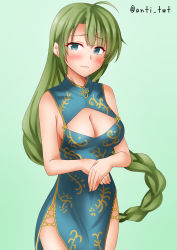 Rule 34 | 1girl, ahoge, alternate costume, anti (untea9), blue eyes, blush, braid, breasts, casual, china dress, chinese clothes, cleavage, cowboy shot, dress, embarrassed, gradient background, green background, green dress, green hair, hair between eyes, highres, kantai collection, long hair, looking at viewer, medium breasts, mole, mole under mouth, pelvic curtain, single braid, sleeveless, sleeveless dress, solo, twitter username, very long hair, yuugumo (kancolle)