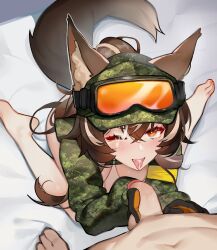 Rule 34 | 1girl, absurdres, after fellatio, animal ears, armband, blush, breasts, brown hair, callisto (greyeth), camouflage, camouflage jacket, commission, cum, cum in mouth, digital camouflage, facial, fox ears, fox tail, highres, jacket, medium breasts, multicolored hair, ninai, original, penis, second-party source, streaked hair, tail, tongue, tongue out, variant set, yellow armband