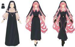 Rule 34 | alternate costume, brown gloves, double-parted bangs, duel monster, exosister martha, full body, gloves, hair between eyes, highres, long hair, looking at viewer, nun, pink hair, simple background, traditional nun, very long hair, wen zhi (717256), white background, yellow eyes, yu-gi-oh!