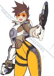 Rule 34 | 1girl, :d, bodysuit, brown gloves, brown hair, character name, contrapposto, copyright name, dual wielding, gloves, goggles, gun, highres, holding, holding gun, holding weapon, kotatsu (g-rough), looking at viewer, open mouth, overwatch, red eyes, short hair, smile, solo, standing, tracer (overwatch), weapon, yellow bodysuit
