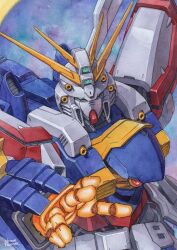 artist_name commentary commission english_commentary g_gundam god_gundam green_eyes gundam hector_trunnec highres mecha mecha_focus no_humans outstretched_arm painting_(medium) robot science_fiction shining_finger solo super_robot traditional_media upper_body v-fin watercolor_(medium)