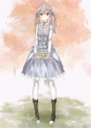 Rule 34 | 1girl, blue dress, blue flower, blush, book, book stack, boots, brown eyes, closed mouth, dress, flower, frilled shirt, frills, full body, grey hair, hair between eyes, hair flower, hair ornament, highres, hiwatari rin, holding, holding book, long hair, long sleeves, looking at viewer, original, outdoors, pantyhose, pinafore dress, shirt, skinny, sleeveless dress, smile, solo, standing, tree, twintails, white pantyhose
