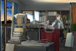 Rule 34 | 1girl, akigumo (kancolle), black ribbon, book, bookshelf, bow, bowtie, brown dress, brown hair, cellphone, chair, commentary request, computer, dated, desk, dress, green bow, green bowtie, grey pantyhose, hair ribbon, halterneck, highres, holding, holding phone, kantai collection, kuragare, long hair, long sleeves, monitor, office chair, pantyhose, phone, ponytail, ribbon, shirt, signature, sitting, swivel chair, talking on phone, very long hair, white shirt