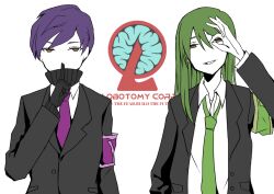 Rule 34 | 2boys, akistu630, armband, black jacket, black scarf, brown eyes, buttons, collared jacket, collared shirt, copyright name, covered mouth, finger to mouth, green hair, green necktie, jacket, lobotomy corporation, long hair, multiple boys, necktie, netzach (project moon), ok sign, open clothes, open jacket, open mouth, pocket, project moon, purple hair, purple necktie, scarf, shirt, short hair, smile, teeth, thick eyebrows, white background, white shirt, yesod (project moon)