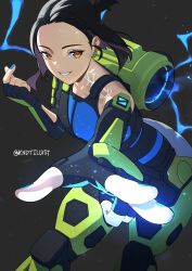 Rule 34 | 1girl, absurdres, animification, apex legends, black background, black gloves, black hair, blue nails, blue shirt, brown eyes, conduit (apex legends), elbow gloves, electricity, finger heart, fingerless gloves, gloves, glowing, hair behind ear, highres, kndy, leaning forward, looking at viewer, looking to the side, mechanical legs, shirt, smile, solo, twitter username