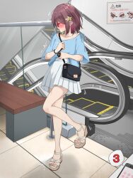 Rule 34 | 1girl, artist name, bag, bench, blue shirt, blush, bracelet, cellphone, clothes writing, collarbone, drooling, embarrassed, escalator, faceless, faceless female, female focus, flat chest, full body, glasses, handbag, hands up, highres, holding strap, indoors, japanese text, jewelry, kakuremino7928, leg up, legs, miniskirt, nail polish, nose blush, open mouth, original, phone, pink nails, pleated skirt, profile, public indecency, purple hair, pussy juice, raised eyebrows, red-framed eyewear, remote control vibrator, saliva, sandals, semi-rimless eyewear, sex toy, shirt, shirt tucked in, short hair, short sleeves, shoulder bag, sidelocks, sign, signature, skirt, smartphone, solo, speech bubble, stairs, standing, standing on one leg, sweat, tears, thighs, tile floor, tiles, toenail polish, toenails, translation request, trembling, twitter username, vibrator, vibrator under clothes, white footwear, white skirt