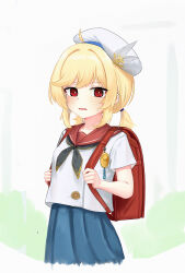 Rule 34 | 1girl, absurdres, ahoge, bag, beret, black neckerchief, blonde hair, blue skirt, breasts, collarbone, crime prevention buzzer, girls&#039; frontline, girls&#039; frontline 2: exilium, hat, hat feather, highres, holding, holding bag, light leave, looking at viewer, low twintails, nagant revolver (girls&#039; frontline), neckerchief, open mouth, outdoors, petite, pleated skirt, red bag, red eyes, red sailor collar, sailor collar, school uniform, serafuku, shirt, short sleeves, skirt, small breasts, solo, sweat, twintails, upper body, white hat, white shirt