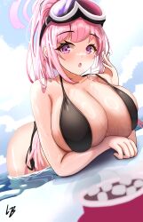 Rule 34 | 1girl, :o, absurdres, bikini, black bikini, blue archive, blush, breasts, eimi (blue archive), eimi (swimsuit) (blue archive), goggles, goggles on head, halo, highres, huge breasts, long hair, loob, looking at viewer, official alternate costume, open mouth, pink hair, pink halo, ski goggles, solo, swimsuit