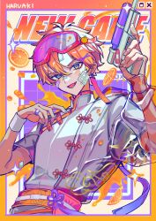 Rule 34 | 1boy, arm up, artist name, bandage on face, bandages, bandaid, bandaid on face, belt, border, chinese clothes, commentary, english text, food, fruit, goggles, goggles on head, green eyes, gun, haru4aki, highres, holding, holding gun, holding weapon, inset border, jacket, jewelry, male focus, orange (fruit), orange belt, orange hair, orange slice, original, ring, see-through, see-through sleeves, short hair, short sleeves, solo, sparkle, symbol-only commentary, tangzhuang, water gun, weapon, white jacket, window (computing)