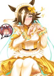 Rule 34 | 2girls, :3, absurdres, alcohol, alternate costume, animal ears, aqua bow, bow, breasts, brown eyes, brown hair, camera, chibi, closed eyes, daiwa scarlet (umamusume), earrings, embarrassed, enmaided, grimace, hair intakes, hair over one eye, heart-shaped gem, highres, holding, holding camera, horse ears, horse girl, japanese clothes, jewelry, kimono, maid, maid headdress, medium breasts, multicolored hair, multiple girls, pantyhose, red hair, same kujira (challenger 310), short hair, simple background, sitting, smile, solo focus, speech bubble, squiggle, tiara, two-tone hair, two side up, umamusume, vodka, vodka (umamusume), wa maid, white background, white pantyhose, yellow kimono