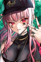 Rule 34 | 1girl, adjusting clothes, adjusting headwear, baseball cap, black choker, black hat, black shirt, blunt bangs, breasts, chain, choker, chu-e, embroidery, english text, eyelashes, facial tattoo, fingernails, floating hair, gem, gold, gold chain, gold necklace, green background, hair behind ear, half-closed eyes, hand on headwear, hat, high ponytail, highres, hololive, hololive english, jacket, jacket partially removed, jewelry, large breasts, lipgloss, lipstick, long eyelashes, long hair, makeup, mori calliope, multiple necklaces, multiple rings, nail art, nail polish, neck tattoo, necklace, parted lips, pendant, pink hair, ponytail, portrait, red eyes, red gemstone, red lips, red nails, ring, see-through, see-through shirt, shirt, sidelocks, solo, tattoo, track jacket, tsurime, v, virtual youtuber