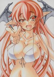 Rule 34 | 1girl, bat wings, bikini, blush, breasts, cleavage, collarbone, colored pencil (medium), curvy, finger gun, front-tie top, head wings, koakuma, large breasts, long hair, looking at viewer, marker (medium), millipen (medium), navel, open mouth, pointing, pointing at viewer, pointy ears, red eyes, red hair, shiny skin, simple background, skindentation, solo, swimsuit, touhou, traditional media, uneven eyes, upper body, very long hair, white background, white bikini, wings, yutakasan-love