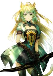 Rule 34 | 1girl, ahoge, animal ears, arm belt, atalanta (fate), black gloves, blonde hair, bow (weapon), cowboy shot, dress, fate/apocrypha, fate (series), gloves, gradient hair, green dress, green eyes, green hair, holding, holding bow (weapon), holding weapon, looking at viewer, multicolored hair, obihiro, pelvic curtain, pleated skirt, puffy short sleeves, puffy sleeves, short sleeves, simple background, skirt, solo, thighhighs, weapon, white background