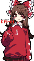 Rule 34 | 1girl, ;), ahoge, alternate costume, brown hair, character name, commentary request, cowboy shot, frilled hair tubes, frills, hair tubes, hakurei reimu, highres, kyouda suzuka, long hair, one eye closed, red sweater, simple background, smile, solo, standing, sweater, swept bangs, touhou, white background