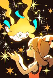 Rule 34 | 1girl, absurdres, black background, bow hairband, brown hair, chueog, closed mouth, creatures (company), game freak, gen 3 pokemon, glowing, green eyes, hairband, hands up, highres, jirachi, legendary pokemon, looking up, may (pokemon), mythical pokemon, nintendo, orange hairband, orange shirt, pokemon, pokemon (creature), pokemon oras, shirt, sleeveless, sleeveless shirt, smile, sparkle