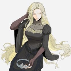 1girl bandaged_arm bandages belt belt_buckle black_belt black_dress blonde_hair breasts buckle closed_eyes closed_mouth commentary_request dark_souls_(series) dark_souls_iii dress fire_keeper holding jewelry korean_commentary long_hair medium_breasts simple_background sitting solo very_long_hair white_background xxq_002