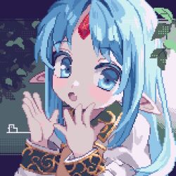 Rule 34 | 1girl, ahiru tokotoko, blue eyes, blue hair, blush, colored eyelashes, commission, dithering, fang, female focus, forehead jewel, hair ornament, highres, leaf hair ornament, open mouth, parted bangs, pixel art, plant, pointy ears, rance (series), reset kalar, solo, vines