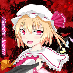 Rule 34 | 1girl, :d, ascot, bad id, bad pixiv id, blonde hair, blood, blood splatter, character name, dress, fangs, flandre scarlet, foreshortening, frilled dress, frills, hat, mob cap, open mouth, red eyes, short hair, smile, touhou, wings, zellam
