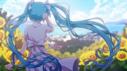 Rule 34 | 1girl, blue hair, blurry, blurry background, bow, day, dress, floating hair, flower, from behind, hair bow, hand in own hair, hatsune miku, highres, lens flare, long hair, matsuda toki, outdoors, solo, standing, sundress, sunflower, twintails, very long hair, vocaloid, white bow, white dress, wind, yellow flower