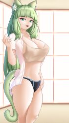 Rule 34 | 1girl, absurdres, animal ears, arknights, breasts, cat ears, cat girl, cat tail, cleavage, fangs, green eyes, green hair, harmonie (arknights), highres, large breasts, looking at viewer, panties, shirt, simple background, tail, takie arts, tank top, thick thighs, thighs, underwear, white shirt