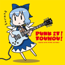 Rule 34 | 1girl, blue hair, bow, chibi, cirno, dai-oki, dress, guitar, hair bow, instrument, iosys, open mouth, short hair, simple background, solo, touhou, wings, yellow background, | |