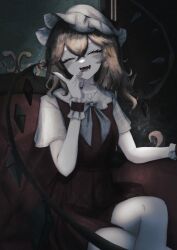Rule 34 | 1girl, absurdres, ascot, black nails, blonde hair, closed eyes, coughing, crossed legs, dress, fangs, flandre scarlet, gosick, goth fashion, hat, highres, looking at viewer, medium hair, red dress, sitting, smile, solo, sutorobo72, touhou, yellow ascot
