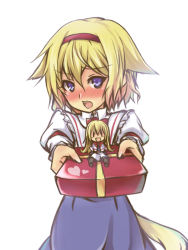 Rule 34 | 1girl, alice margatroid, animal ears, bad id, bad pixiv id, blonde hair, blue dress, blue eyes, blush, capelet, dog ears, dog tail, doll, dress, embarrassed, female focus, foreshortening, gift, giving, hairband, holding, holding gift, incoming gift, kemonomimi mode, open mouth, oukawa yuu, shanghai doll, short hair, simple background, solo, tail, touhou, white background