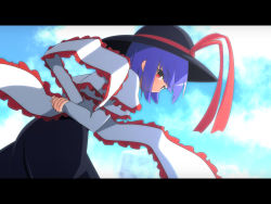 Rule 34 | 1girl, arms behind back, black skirt, blue sky, capelet, cato (monocatienus), cloud, commentary request, day, dutch angle, frills, from behind, hat, hat ribbon, letterboxed, looking at viewer, looking back, nagae iku, own hands together, purple hair, red eyes, ribbon, shawl, short hair, skirt, sky, smile, solo, touhou