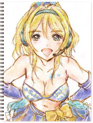 Rule 34 | 10s, 1girl, ayase eli, blonde hair, blue eyes, blush, breasts, cheerleader, crop top, detached sleeves, hands on own hips, headphones, large breasts, leaning forward, long hair, looking at viewer, love live!, love live! school idol project, midriff, navel, open mouth, pom pom (cheerleading), ponytail, skirt, smile, solo, standing, taka (pixiv348569), traditional media