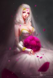 Rule 34 | 1girl, absurdres, artist name, bare shoulders, breasts, cleavage, diana (league of legends), dress, flower, highres, large breasts, league of legends, long hair, looking at viewer, pink eyes, pink flower, smile, solo, songjikyo, wedding dress, white hair