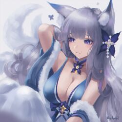 1girl animal_ear_fluff animal_ears artist_name azur_lane bare_shoulders blue_butterfly blue_collar blue_dress breasts bug butterfly cleavage collar dress evening_gown fox_ears fox_girl grey_hair halter_dress halterneck highres huge_breasts insect karkovb152 kitsune kyuubi large_tail long_hair mixed-language_commentary multiple_tails official_alternate_costume purple_eyes shinano_(azur_lane) shinano_(dreams_of_the_hazy_moon)_(azur_lane) solo tail very_long_hair white_tail