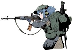 Rule 34 | aiming, backpack, bag, belt pouch, blue eyes, blue hair, blunt bangs, brown pants, bulletproof vest, commentary request, cowboy shot, expressionless, flat cap, frogsnake, from side, gloves, green bag, green hat, grey jacket, gun, gun on back, hair bobbles, hair ornament, hat, headphones, holding, holding gun, holding weapon, jacket, kawashiro nitori, microphone, pants, pouch, rifle, short twintails, simple background, soldier, thigh pouch, touhou, twintails, weapon, weapon on back, white background