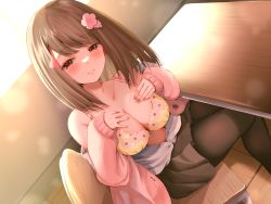 Rule 34 | 1girl, absurdres, black skirt, blush, bra, breasts, brown eyes, brown hair, cardigan, chair, cleavage, collarbone, desk, hair ornament, hand on own chest, highres, long hair, long sleeves, looking at viewer, medium breasts, nail polish, narushima kanna, non-web source, open clothes, open shirt, original, pantyhose, parted lips, pink cardigan, school chair, school desk, school uniform, shirt, sitting, skirt, smile, solo, sweater, underwear, white shirt, yellow bra