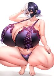 Rule 34 | 1girl, absurdres, barefoot, black bow, black hair, blush, bow, breasts, character request, cleavage, commission, cowboy shot, doinaka, dot nose, female focus, fingernails, flower, gigantic breasts, hair flower, hair ornament, head tilt, highres, indie virtual youtuber, lingerie, looking at viewer, mask, mouth mask, purple flower, purple rose, red eyes, rose, shiny skin, short hair, solo, standing, thick thighs, thighs, toenails, toes, underwear, v, virtual youtuber, white hair, wide sleeves