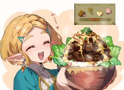 Rule 34 | 1girl, blonde hair, blue jacket, blush, bowl, braid, cheese, closed eyes, commentary, crown braid, earrings, food, gameplay mechanics, gyuudon, hair ornament, hairclip, holding, holding bowl, jacket, jewelry, meat, nintendo, open mouth, orange background, parted bangs, pointy ears, portrait, princess zelda, rice, shirt, short hair, shuri (84k), simple background, smile, solo, spring onion, steam, the legend of zelda, the legend of zelda: tears of the kingdom, translated, twitter username, white background, white shirt