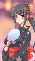 Rule 34 | 10s, 1girl, :d, alternate costume, alternate hairstyle, black hair, blurry, depth of field, hand fan, fusou (kancolle), hair ornament, hair ribbon, holding, japanese clothes, kantai collection, kimono, kuon (nokokopopo), long hair, looking at viewer, open mouth, paper fan, ponytail, red eyes, ribbon, smile, solo, uchiwa, yukata