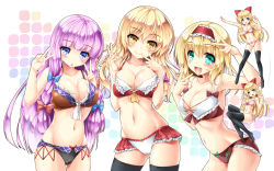 Rule 34 | 5girls, :d, adapted costume, alice margatroid, arm up, black legwear, black panties, blonde hair, blue bow, blue eyes, blunt bangs, blush, bow, bow bra, bow panties, bra, breasts, brown bra, brown eyes, cleavage, closed mouth, commentary request, double v, gluteal fold, green eyes, groin, hair between eyes, hair bow, hand up, highres, kamiya tomoe, kirisame marisa, long hair, medium breasts, multiple girls, navel, open mouth, panties, parted lips, patchouli knowledge, pink bra, pink panties, purple bow, purple hair, red bow, red bra, red panties, shanghai doll, smile, thighhighs, touhou, underwear, v, very long hair, white panties