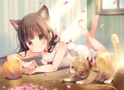 Rule 34 | 1girl, animal ears, bare shoulders, blush, brown eyes, brown hair, cat, cat ears, child, collarbone, commentary request, hair ribbon, kuga tsukasa, looking at viewer, lying, on stomach, original, pink ribbon, red ribbon, ribbon, smile, solo, the pose, wooden floor, yarn, yarn ball