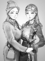 Rule 34 | 2girls, absurdres, arm around waist, bad id, bad twitter id, between breasts, bracelet, braid, breast press, breasts, closed mouth, dress, freckles, fur dress, gondola (meme), greyscale, hat, highres, holding another&#039;s wrist, jewelry, long hair, long sleeves, looking at viewer, meme, mole, mole under eye, mole under mouth, monochrome, multiple girls, necklace, original, sami clothes, sash, short hair, smile, symmetrical docking, wass nonnam