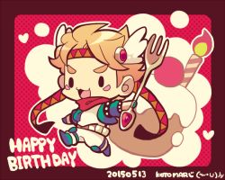 Rule 34 | 1boy, :3, artist name, battle tendency, birthday, blonde hair, caesar anthonio zeppeli, candle, chibi, commentary request, cupcake, dated, facial mark, fingerless gloves, food, fork, full body, gloves, green footwear, green gloves, green jacket, happy birthday, headband, heart, holding, holding fork, jacket, jojo no kimyou na bouken, knee pads, kotorai, male focus, no nose, open mouth, outstretched arms, oversized object, pants, polka dot, polka dot background, red scarf, red stone of aja, red theme, scarf, shirt, solid oval eyes, solo, spread arms, triangle print, v-shaped eyebrows, white pants, white shirt, wing hair ornament