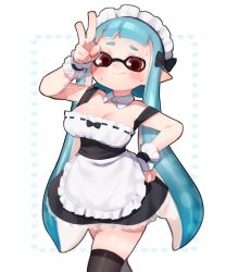 Rule 34 | 1girl, aqua hair, black thighhighs, blush, bow, breasts, busujima funya, cleavage, cowboy shot, detached collar, domino mask, dress, highres, inkling player character, large breasts, long hair, looking at viewer, maid, maid cap, mask, nintendo, red eyes, sidelocks, smile, solo, splatoon (series), sweat, tentacle hair, thighhighs, twintails, twitter username, v