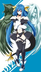 Rule 34 | 1girl, angel wings, asymmetrical wings, bare shoulders, belt, black wings, blue hair, blush, breasts, center opening, character name, choker, cleavage, commission, detached sleeves, dizzy (guilty gear), frown, full body, guilty gear, guilty gear x, guilty gear xx, hair between eyes, hair ribbon, hair rings, high heels, highres, large breasts, leg up, long sleeves, looking at viewer, midriff, navel, necro (guilty gear), puffy long sleeves, puffy sleeves, red eyes, ribbon, rise (rise19851203), shoes, skeb commission, solo, tail, twintails, undine (guilty gear), white background, white footwear, white wings, wings, yellow ribbon