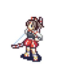 Rule 34 | 10s, 1girl, archer (fire emblem), bow (weapon), brown hair, crossover, fire emblem, hair ribbon, headband, high ponytail, japanese clothes, kantai collection, lowres, nintendo, pixel art, ponytail, ribbon, rw, simple background, skirt, solo, weapon, zuihou (kancolle)