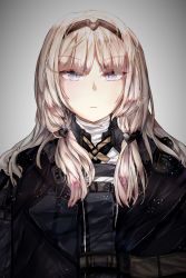 Rule 34 | 1girl, an-94 (girls&#039; frontline), asymmetrical bangs, bad id, bad twitter id, belt, blonde hair, blue eyes, breasts, buckle, closed mouth, coat, expressionless, eyes visible through hair, facing viewer, girls&#039; frontline, gradient background, hair ornament, hair over shoulder, hair ribbon, hairband, hairclip, highres, holster, jacket, light particles, long hair, looking at viewer, medium breasts, open clothes, open jacket, ribbon, shirt, sidelocks, simple background, solo, strap, tress ribbon, upper body, uulhan habinim, very long hair