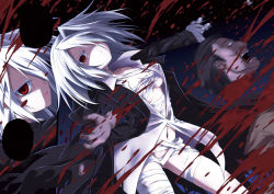 Rule 34 | 1boy, 1girl, bandages, blood, breasts, coat, colored eyelashes, danzai no judith, decapitation, disembodied head, dress shirt, guro, hair over one eye, long hair, looking at viewer, open mouth, original, red eyes, severed head, shirt, silver hair, solo focus, trench coat, ugatsu matsuki