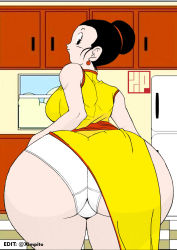 Rule 34 | 1girl, ass, ass focus, black hair, chi-chi (dragon ball), curvy, dragonball z, dress, highres, huge ass, kitchen, looking back, mature female, solo, tagme, ximpito, yellow dress