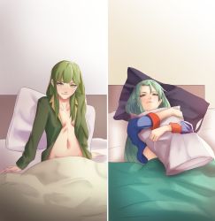 Rule 34 | 2girls, absurdres, bed, breasts, fire emblem, fire emblem: mystery of the emblem, fire emblem: path of radiance, fire emblem: radiant dawn, green eyes, green hair, highres, holding, holding pillow, long hair, long sleeves, looking at viewer, multiple girls, naked shirt, nephenee (fire emblem), nintendo, open clothes, open shirt, palla (fire emblem), pillow, pomelomelon, shirt, small breasts, smile, under covers