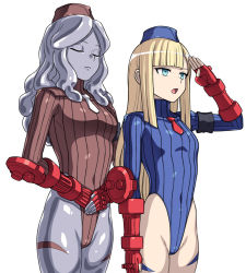 Rule 34 | blonde hair, blue headwear, blunt bangs, bodypaint, breasts, brown headwear, brown leotard, cammy white, cammy white (cosplay), closed eyes, colored skin, commentary request, cosplay, cowboy shot, dark persona, fate/grand order, fate (series), fingerless gloves, garrison cap, gloves, green eyes, grey hair, grey skin, hai (h81908190), hat, highleg, highleg leotard, leotard, long hair, lord el-melloi ii case files, metal skin, mind control, necktie, red gloves, red necktie, reines el-melloi archisorte, ribbed leotard, salute, shadaloo dolls, simple background, small breasts, standing, street fighter, street fighter zero (series), trimmau (fate), white background, white necktie, wide hips